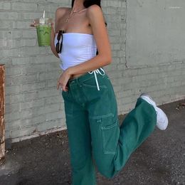 Women's Jeans Green Vintage Cargo Women Cotton Baggy Straight Pants Streetwear Pockets High Waist Wide Leg Denim Trousers 2024