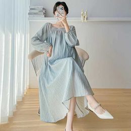Maternity Dresses Pregnant womens clothing Spring long sleeved square neckline loose pregnant chiffon dress plus size beach blue H240517