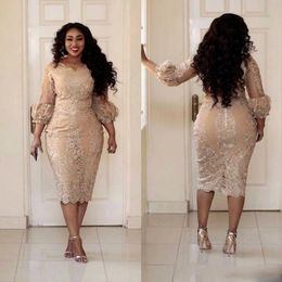 Elegant Short Lace Plus Size Mother of the Bride Dresses Long Puff Sleeve Sheath Tea Length Women Formal Party Gowns Custom Size 299S