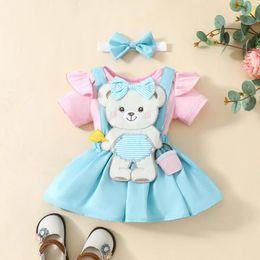 Clothing Sets 0-18M Born Infant Toddler Baby Girls Romper Summer Cartoon Bear Embroidery Jumpsuit Skirts Headband Easter Outfits