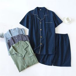 Summer Mens Thin Short-sleeved Shorts Pyjamas Suit Male Cotton Simple Plaid Pattern Sleepwear Daily Home Costume Boy Gift 240518