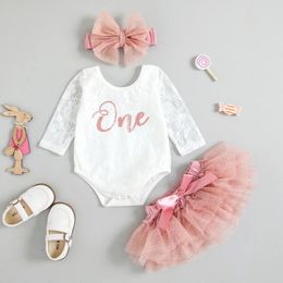 Clothing Sets Baby Girls My First Birthday Outfits Cute Long Sleeve Floral Lace Romper Tutu Skirt Headband Set