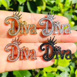 5pcs Crown DIVA Word Charms for Jewelry Making Gold-Plated Zirconia Pave Letters Pendant Women Bracelet Necklace Bangle Findings 240514