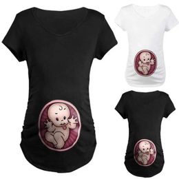 Maternity Tops Tees Summer Pregnant Women T-shirt Size S-3XL Cute Baby Print O-Neck Short Sleeve Womens Clothing Fun Top H240517