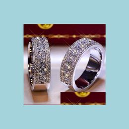 Brilliant Solid 925 Sterling Sier Wedding Anniversary Round Lovers Sona Diamond Ring Engagement Band Fine Jewellery Men Women Fan Gift D Dho93