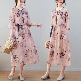 Party Dresses Limiguyue Summer Pink Floral Print Women Dress Thin Pocket Casual Cotton Linen Elegant Slim Lace Up Ramie Vestidos E805