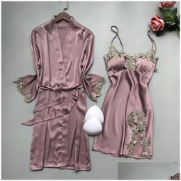 Womens Sleepwear Sexy Peacock Blue Underwear Pyjamas Satin Lace Dressing Gown Slee Robe For Women Setwomens Drop Delivery Apparel Dhrpf