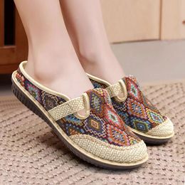 Mothers Day Gift Outdoor Casual Womens Shoes Breathable Flat Slippers Summer Sandals Beach Linen Embroidered Walking Shoes 240429