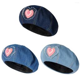 Berets Women Girls Denim Hat Retro Casual Spring Autumn Sweet Heart Cute Painter Cap Artist French Blue Peaked