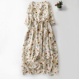 Party Dresses Limiguyue Summer V-neck Ramie Dress Women Elegant Vintage Flower Print A-Line Drawstring Big Swing Vestidos Linen E810