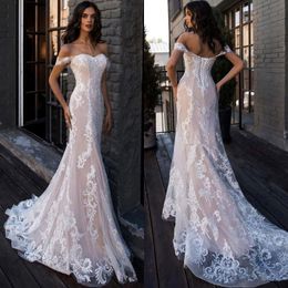 Luxury Nude Lining Mermaid Wedding Dresses 2021 Off Shoulder Full Lace Applique Lace-up Beach Bridal Gowns vestido de novia 279W
