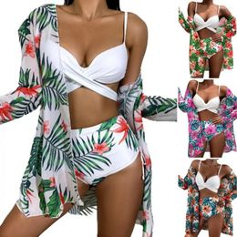 Women's Swimwear Printed Beach Cardigan Beachwear Suspenders Bikini Set Floral Print With High Waist Briefs Cross For A