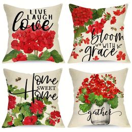Pillow 1pc Linen Vase Red Flower Summer Throw Cover ( Is Not Included)