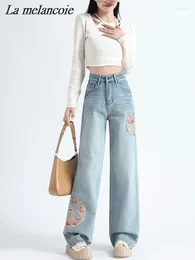 Women's Jeans Embroidery Women 2024 Spring Summer Fashion High Street Vintage Loose Wide Leg Denim Pants Casual Straight Trousers