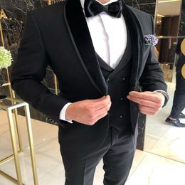 Latest Design One Button Black Groom Tuxedos Shawl Lapel Groomsmen Wedding Men Suits Prom Party Blazer Jacket Vest Pants Handsome Wear 241K