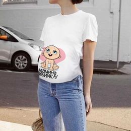 Maternity Tops Tees Cute Cartoon Baby Maternity Clothing for Women White T-Shirt Short Sleeve Printed Pregnancy Clothes Pregnant Breastfeeding Top Y240518