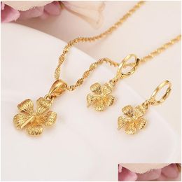 Earrings Necklace Real Solid 14 K Yellow Gold Gf New Brides Big Flower Pendant Statement Jewelry Sets Party Romantic Fine Gifts Drop D Ottnp