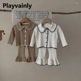 Clothing Sets Spring Autumn Baby Girl Fashion Set Beige Brown Turn-down Collar Single Breasted Knitted Top Flared Pants Kids Clothes E3165