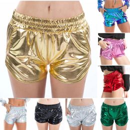 Active Shorts Shiny Metallic Women High Waist Pants Yoga Sport Sparkly Outfit Elastic Rave Booty Dance Party Sexy
