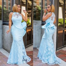 Light Sky Blue Lace Mermaid Prom Dresses Jewel Neck Peplum Evening Gowns Beaded Sleeveless Floor Length Black Girl Formal Dress 212s
