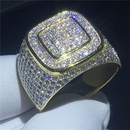 Handsome male Hip Hop ring Pave Setting 274pcs 5A Cz Yellow Gold Filled 925 silver wedding band ring for men Party Jewellery 236J