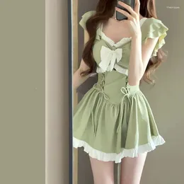 Summer Colour Block Ruffles Bow Drawstring With Chest Pad Without Steel Support Conservative Sweet One Piece Skirt Swimsuit