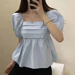 Women's Blouses Puff Sleeves Blouse Fashion Pleated A-line Tee Shirt Frech Style Tube Top Womne Girl
