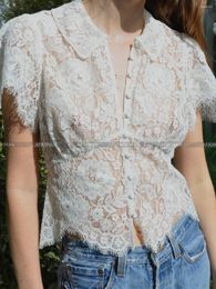 Women's Blouses Women White Lace Hollow Out Embroidery Doll Collar Short Sleeve Temperament Sleeved Slim Shirt Top