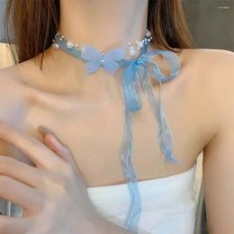 Choker Clavicle Chain Gauze Imitation Pearl Korean Style Necklace Fashion Jewellery Women Butterfly Girl Ribbon