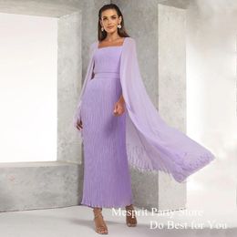 Party Dresses Lilac Chiffon Prom Dress Sqaure Neck Sleeve Cape Pleat Beading Feather Straight Cocktail Gown Ankle Length Evening
