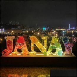 Decorative Objects Figurines Personalised Custom 26 Letter Initial Pressed Dried Flower Nightlight Usb Led Wood Base Night Light Ho Dhamc