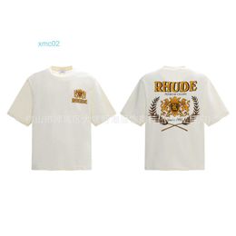 2024 Summer New Rhude American Fashion Brand Baoshi Dragon Wheat Ear Print Loose Short Sleeved T-shirt