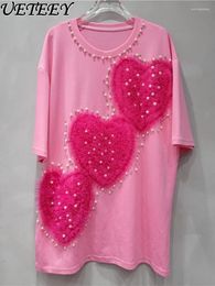 Women's T Shirts European Goods 2024 Summer Short Sleeve T-shirt Cute Youth-Looking Mesh Pink Love Beaded Top Fashion