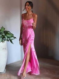 Basic Casual Dresses 2024 Suummer Women Pink Long Dress Elegant Rose Printed Suspender Maxi Dress Sexy Backless Sleeveless Female Holiday Vestidos J240516