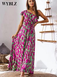 Casual Dresses Summer Diagonal Neck One Shoulder Maxi Dress Women Ruffled Print Bondage Waist Party Long Fashion Backless Draped