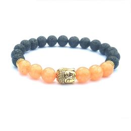 Beaded 8Mm Natural Stone Elastic Bracelet Pray Volcanic Meditation Buddha Head Men And Women Essential Oil Aromatherapy Cure Drop De Dhn83