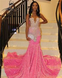 Party Dresses Pink Sheer O Neck Long Prom Dress For Black Girls 2024 Sparkly Sequined Birthday Beaded Crystal Evening Gowns