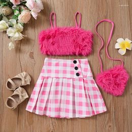 Clothing Sets Children Baby Girl Summer Fashion Outfits 3pcs Plush Sleeveless Camisole Plaid Pleated Skirt Crossbody Bag Set Toddler Clothes