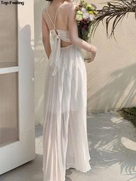 Casual Dresses Summer Woman Sexy Backless Pleated White Female Elegant Spaghetti Strap Slim V-Neck Beach Maxi Vestidos Clothing