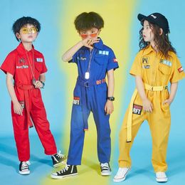 Kids Cool Short Sleeve Hip Hop Clothing Blue Red Loose Jumpsuit Overalls for Girls Boys Jazz Dance Costumes Dancing Clothes Wear 240517
