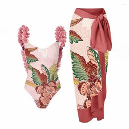 Women's Swimwear 2024 Printed One Piece Swimsuit Flower Straps Backless Sexy Bikini And Skirt Retro Square Neck Elegant Beachwear Fashion
