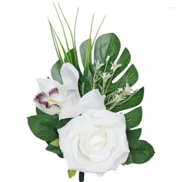 Decorative Flowers 1Pc 9.44in Artificial White Rose With Leaves And Ribbons Wedding Chair Bench For Ceremony Decor