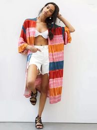 Plus Size Multicolored Bohemian Striped Long Kimono Dress Summer Clothes For Women Beach Wear Swim Suit Cover Up Pareo Q1359