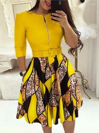 Casual Dresses Autumn Fashion Women's Elegant Round Neck Zipper Long Sleeve Printed Dress Waist Pocket Belt Vestido Midi Elegante