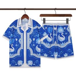 Casablanca Men's Tracksuits New Shorts T-shirt Mens Beach Casual Blue Swan Flower Print Shirt Designer Casa Blanca K8so
