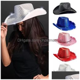 Party Hats Cowgirl Led Hat Flashing Light Up Sequin Cowboy Luminous Caps Halloween Costume Wholesale Fy7970 Drop Delivery Home Garden Dhlip