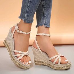 SandalsSummer Woven Wedge Heel Sandals Women 2024 Vintage Chunky Platform Sandles Woman Open Toe Ankle Buckle Sandalias H240517