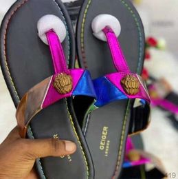 2024 New fashion Kurt Geiger Women Flat Bottom Slippers Splice Rainbow Sandals Designer Shoes Fashion Eagle Head Inlaid Diamond Summer Beach Luxury Flip Flops