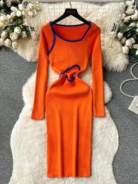 Casual Dresses YuooMuoo Ins Fashion Sexy Hollow Out Waist Bodycon Women Dress Autumn Winter Slim Elastic Knitted Sweater Party Vestidos