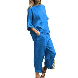Women Two Piece Pants Loose Casual Suit Linen 2 Piece Outfits 3/4 Long Sleeve Top Wide Leg Pants Sets with Pocket